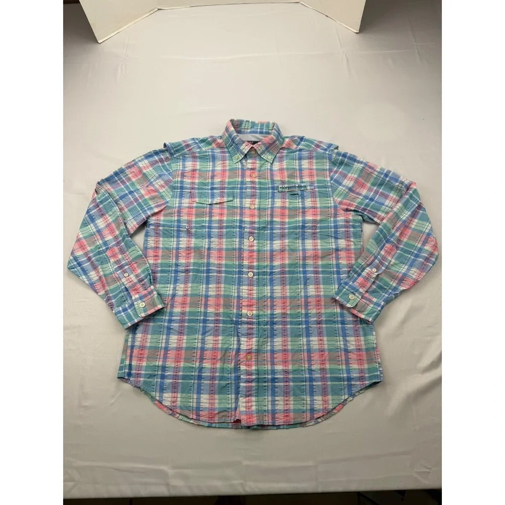 Vineyard Vines Harbor Shirt Mens Medium Multicolor Plaid Seersucker Fishing Vent